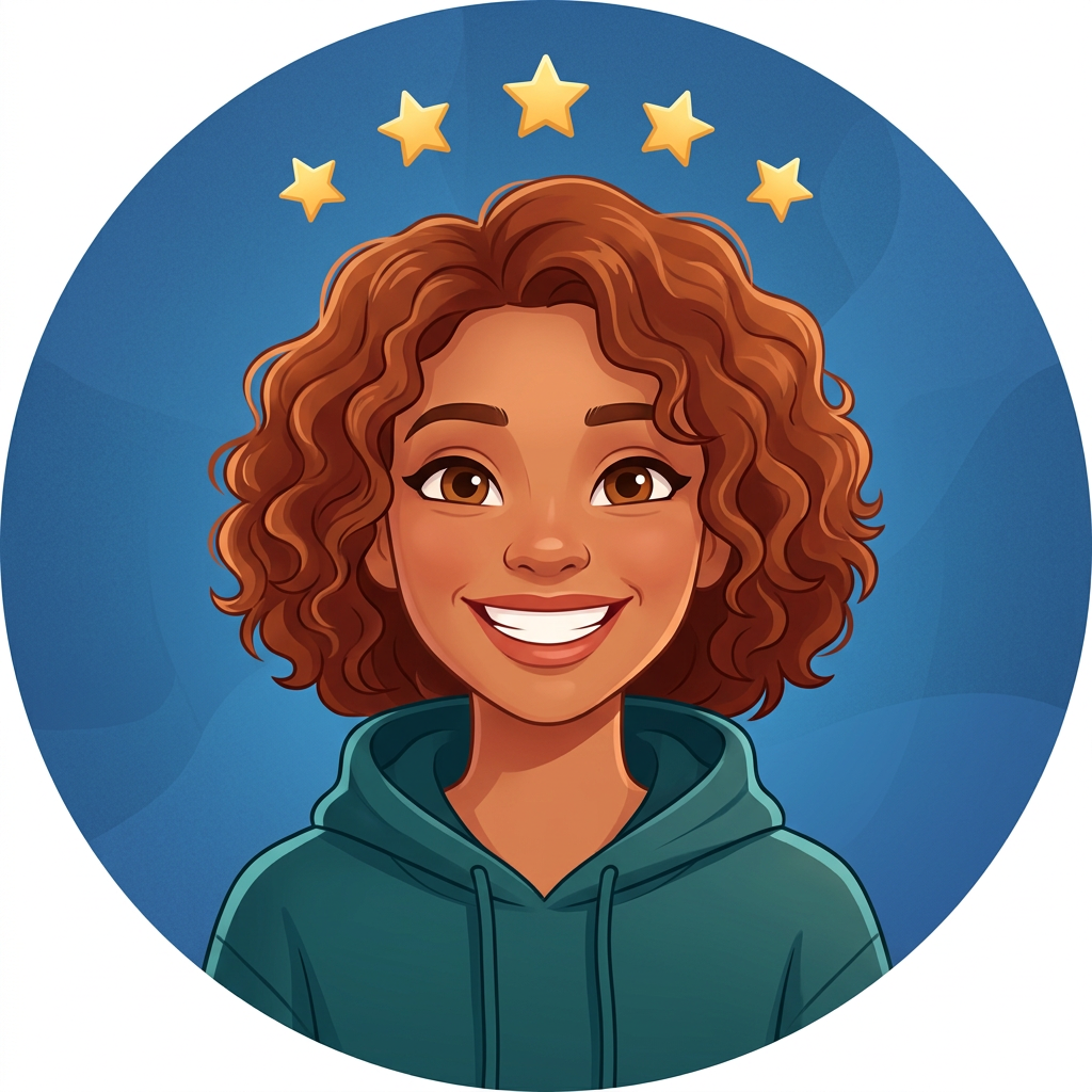 Smiling woman with curly hair wearing a teal hoodie and five golden stars above her head