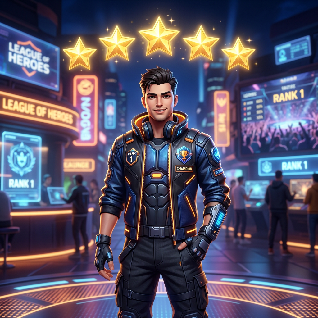 Confident gamer in futuristic jacket with Champion and Rank 1 patches, standing in esports arena with glowing five stars above