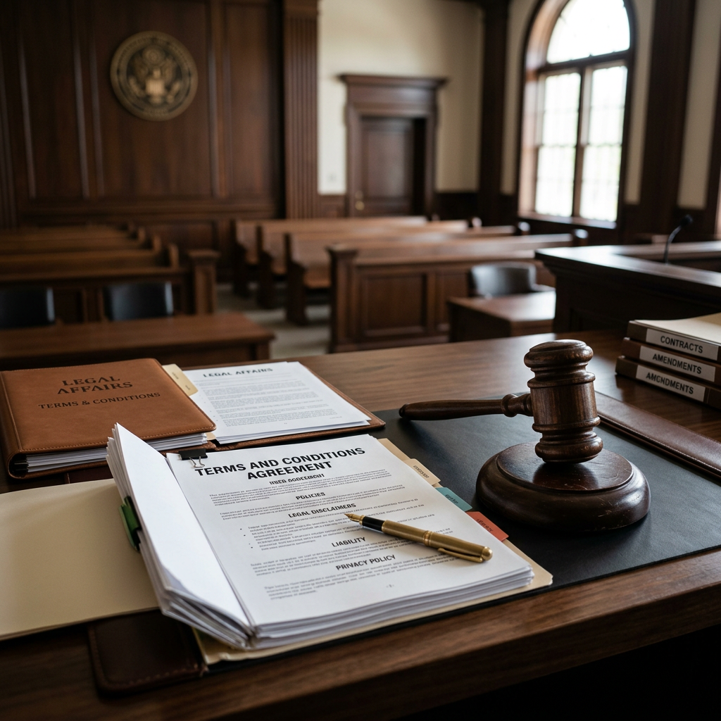 Legal documents titled Terms and Conditions Agreement next to a wooden gavel on a courtroom desk